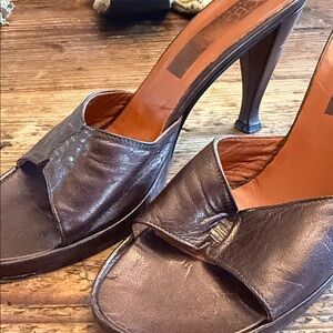 BCBG Brown Leather Open-Toe Heeled Mules